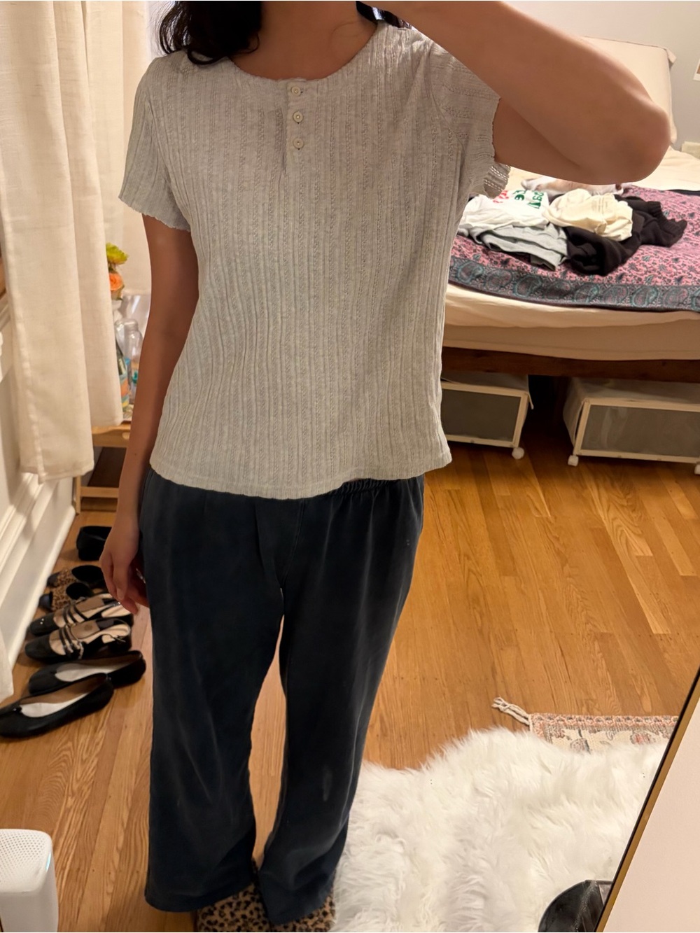 A.P.C. grey lace pattern ribbed knit short raw hem sleeve top